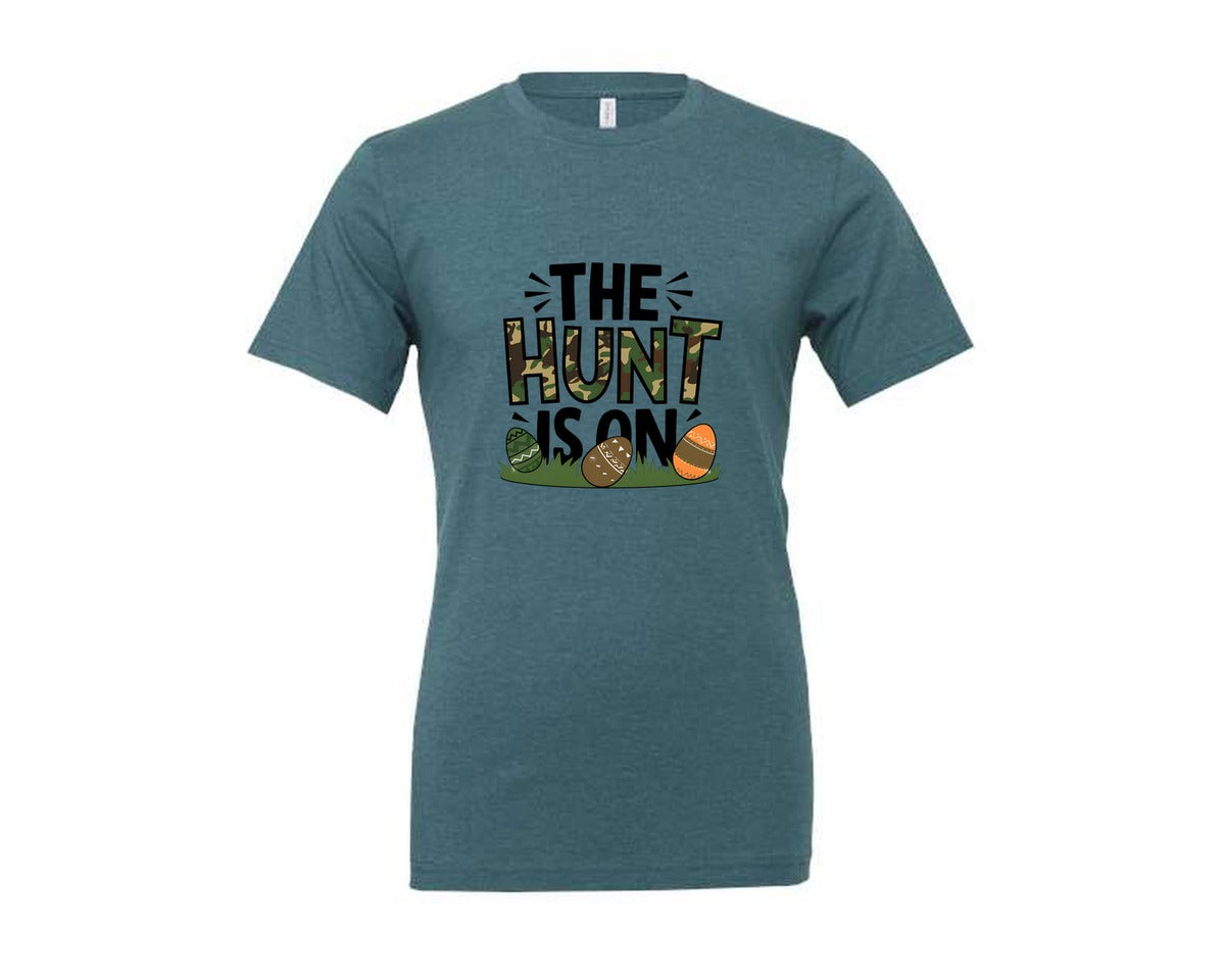 brand:Generic|color:Heather Deep Teal|The Hunt Is On Camo Easter Egg Camo Graphic T-Shirt