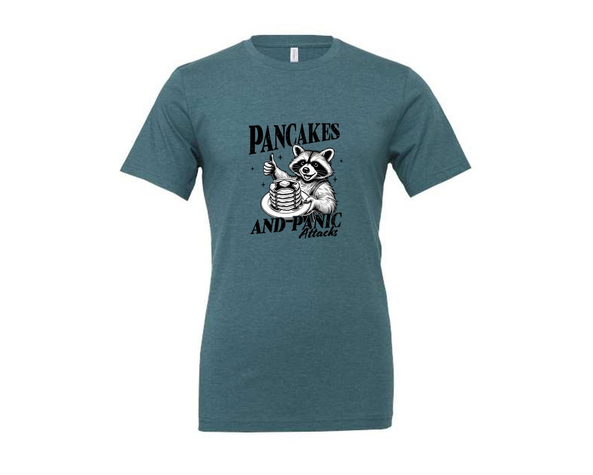 brand:Generic|color:Heather Deep Teal|Mental Health Raccoon Pancakes And Panic Graphic T-Shirt