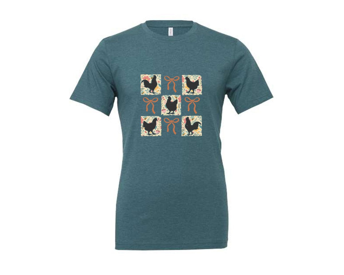 brand:Generic|color:Heather Deep Teal|Floral Grid Chicken Bow Graphic T-Shirt