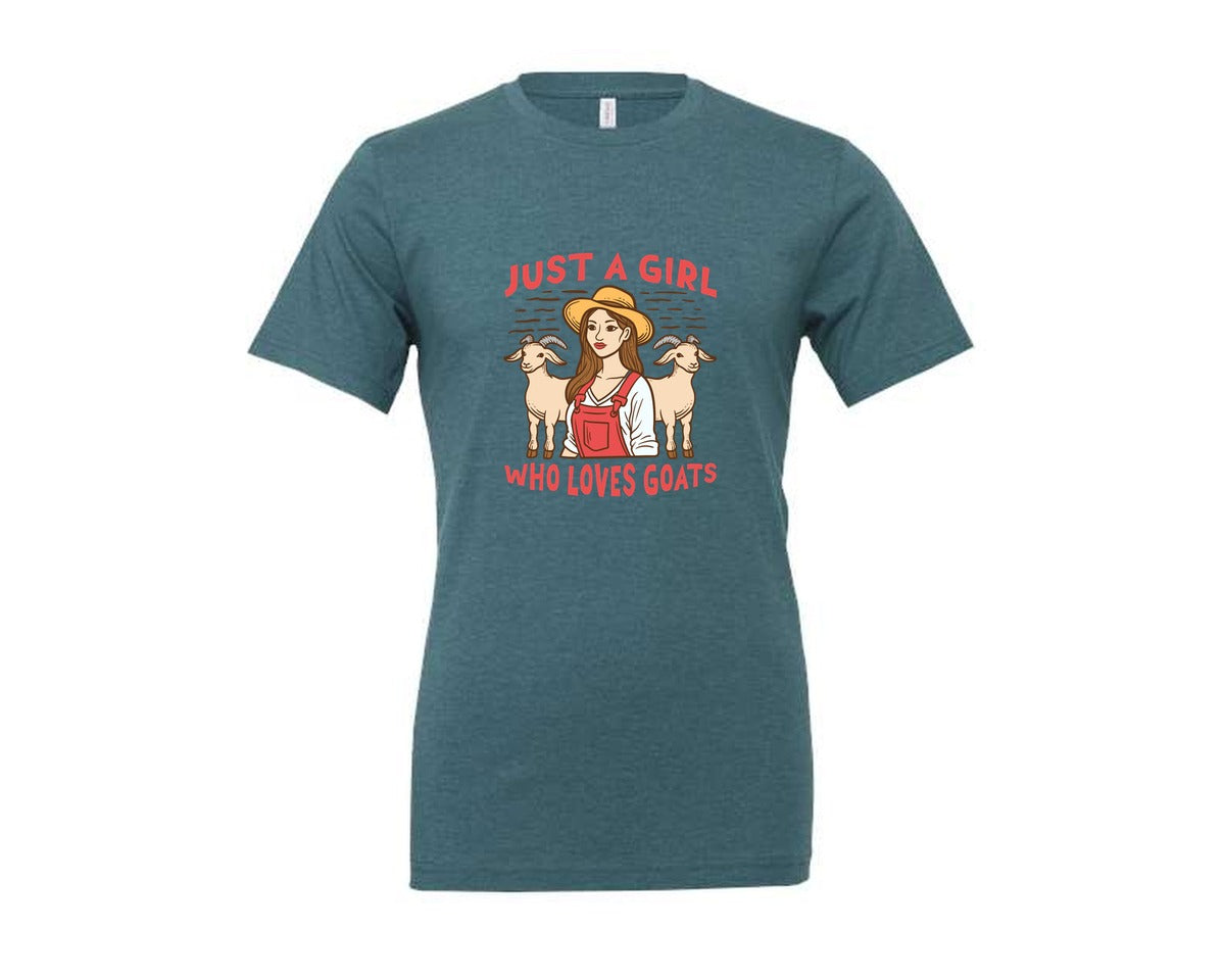 brand:Generic|color:Heather Deep Teal|Just A Girl Who Loves Goat Farming Style Graphic T-Shirt