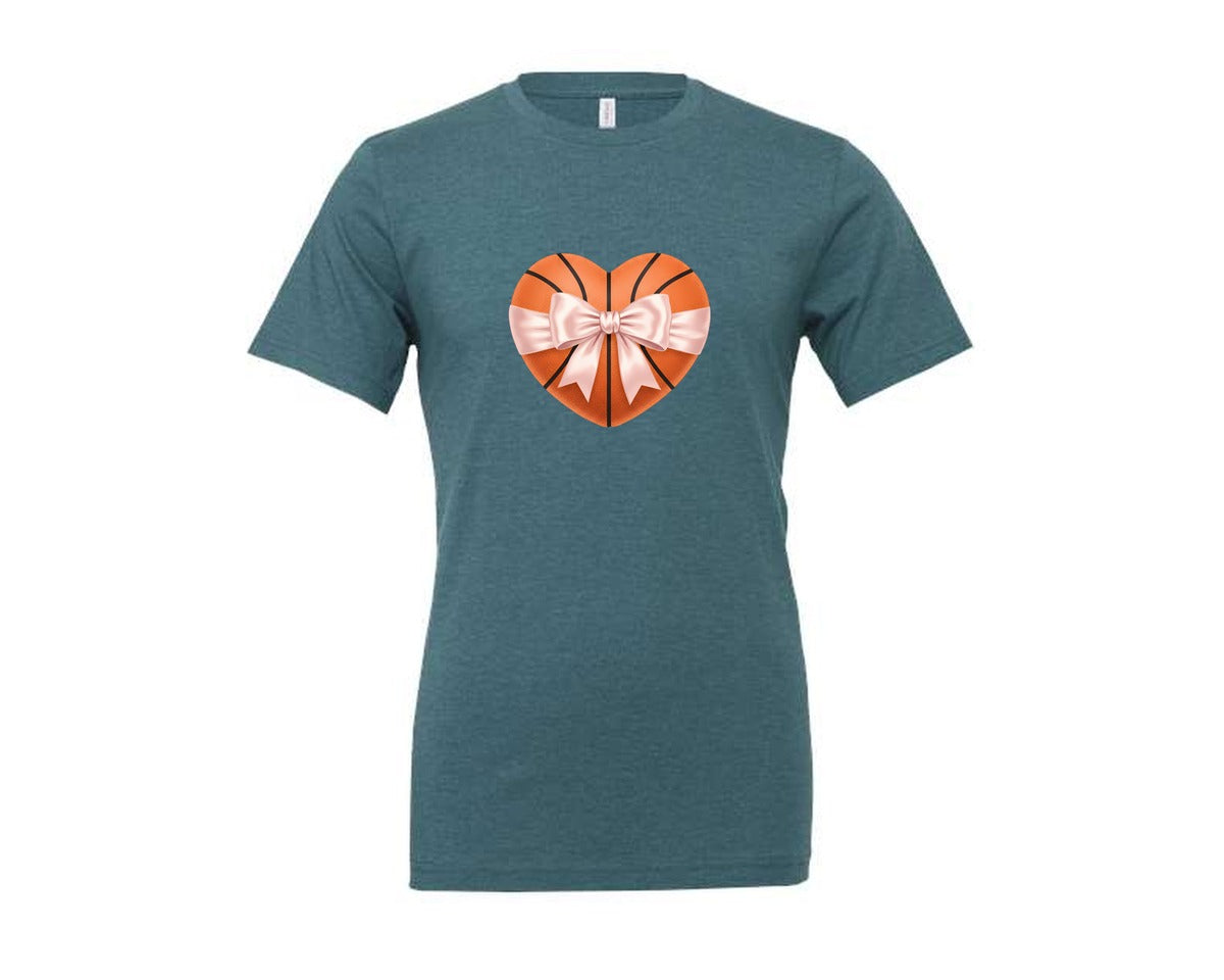 brand:Generic|color:Heather Deep Teal|Heart Shape Basketball Coquette Bow Graphic T-Shirt