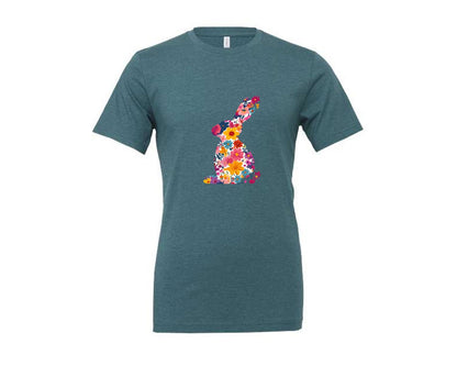 brand:Generic|color:Heather Deep Teal|Floral Bunny Easter Rabbit Graphic T-Shirt