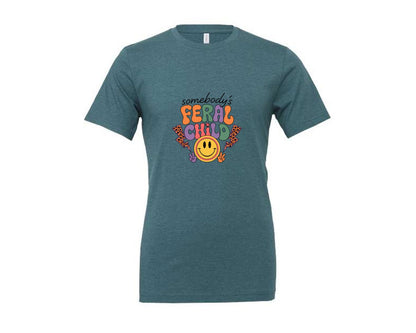 brand:Generic|color:Heather Deep Teal|Somebodys Feral Child Funny Summer Graphic T-Shirt