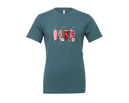 brand:Generic|color:Heather Deep Teal|Cute Valentine Heart Pattern Tumbler Graphic T-Shirt
