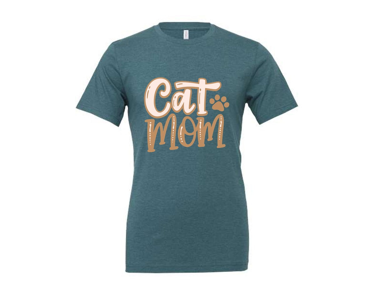 brand:Generic|color:Heather Deep Teal|Cat Mom Cute Crazy Cat Lady Quote Graphic T-Shirt