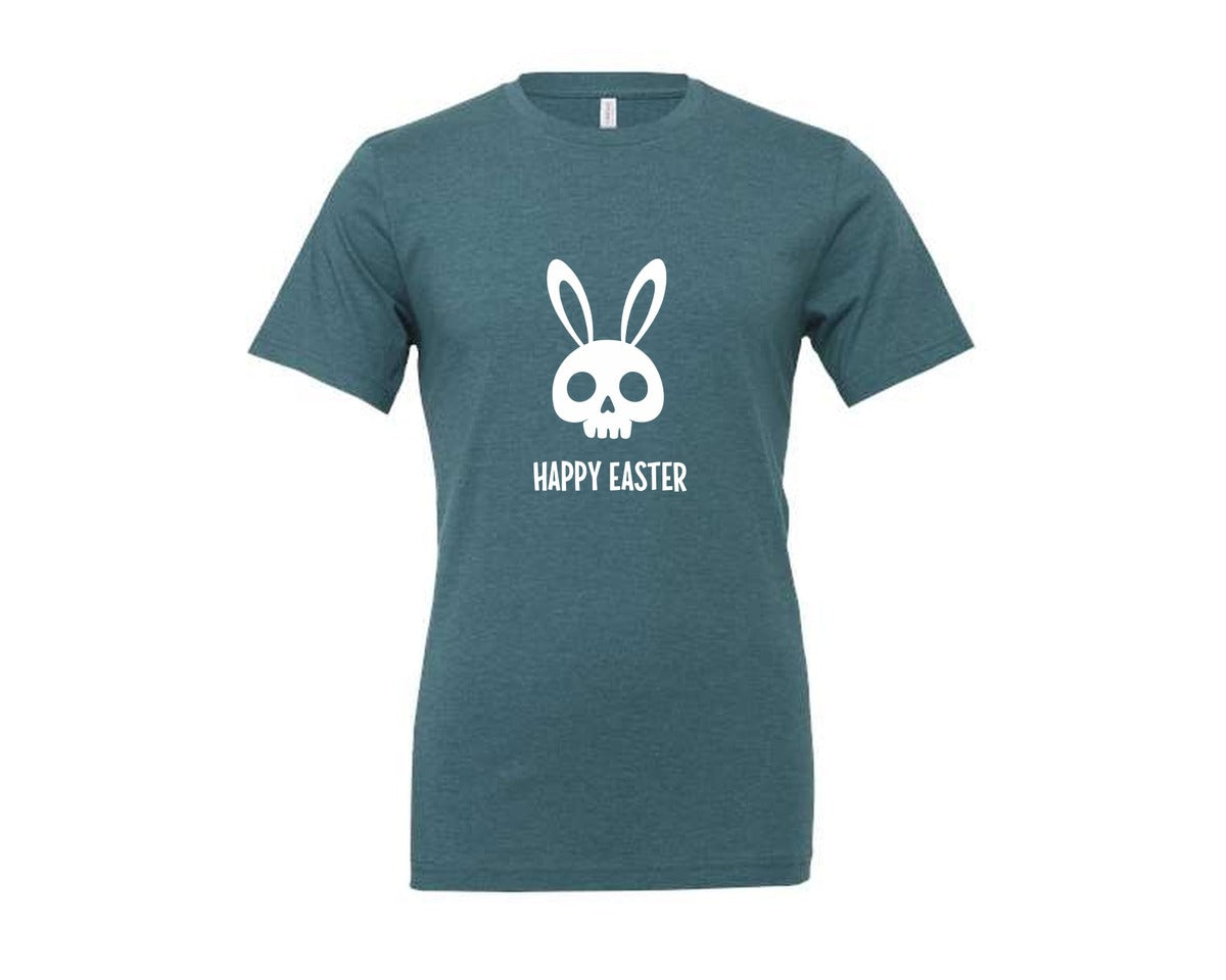 brand:Generic|color:Heather Deep Teal|Gothic Creepy Easter Bunny Skull Irony Graphic T-Shirt