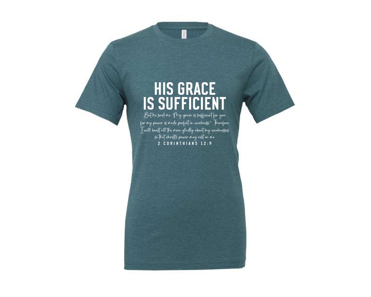 brand:Generic|color:Heather Deep Teal|His Grace Is Sufficient 2 Corinthian Graphic T-Shirt