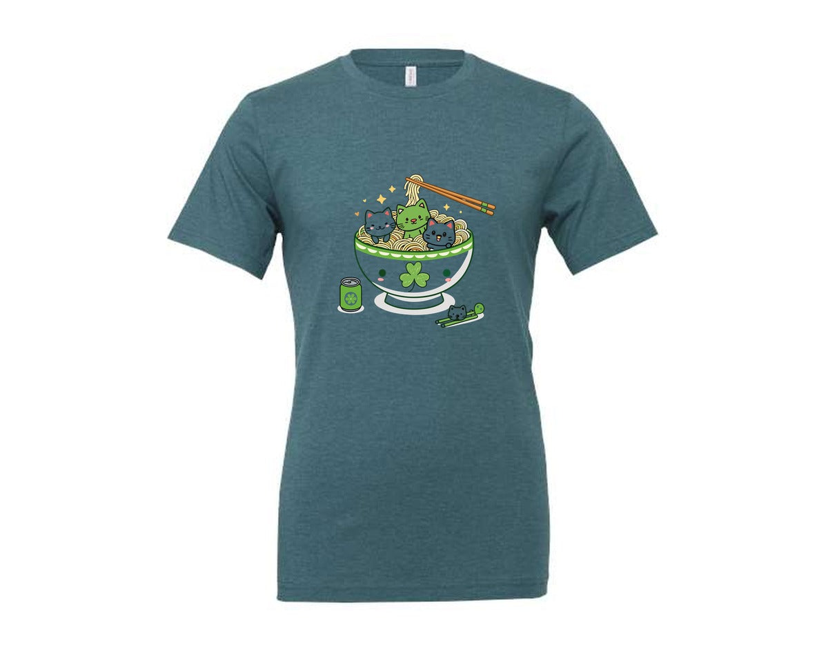 brand:Generic|color:Heather Deep Teal|Lucky Ramen Cat St Patricks Day Graphic T-Shirt