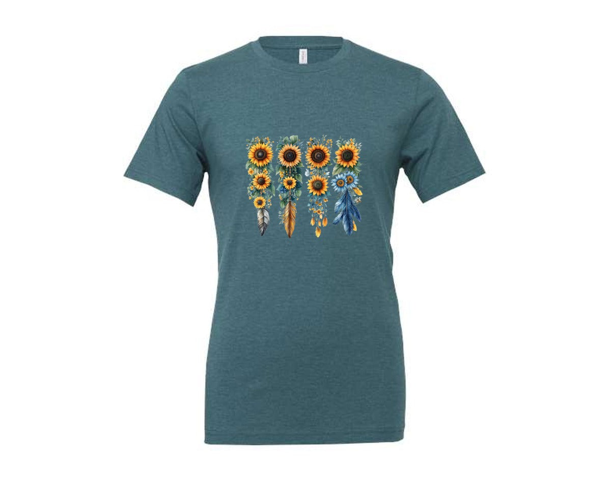 brand:Generic|color:Heather Deep Teal|Boho Wildflowers Feathers Flowers Graphic T-Shirt