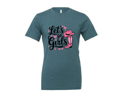 brand:Generic|color:Heather Deep Teal|Lets Go Girls Western Cowgirl Graphic T-Shirt