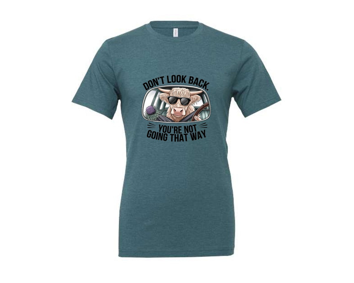 brand:Generic|color:Heather Deep Teal|Dont Look Back Highland Cow 4 Graphic T-Shirt