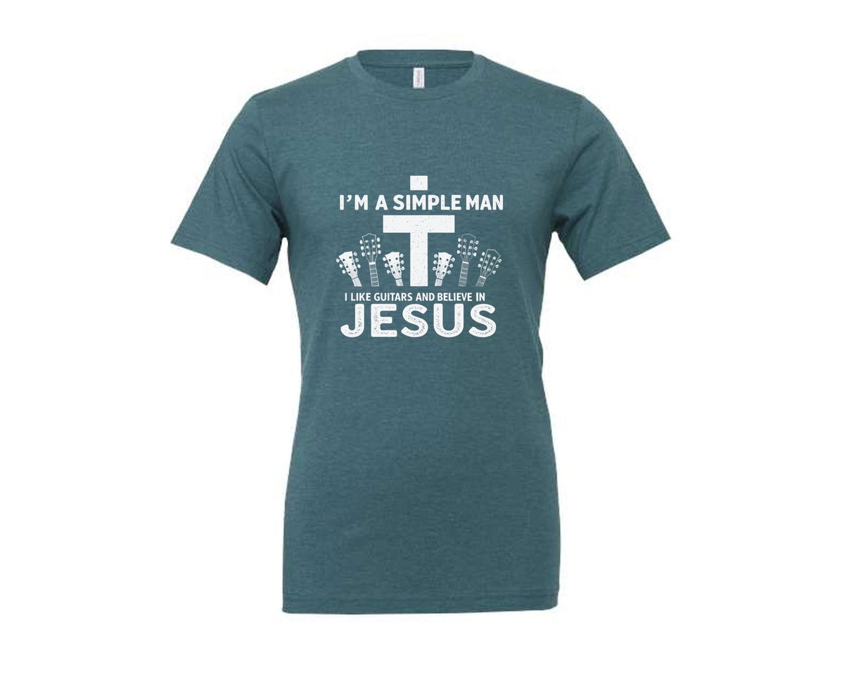 brand:Generic|color:Heather Deep Teal|Christian Guitar Im A Simple Man Graphic T-Shirt