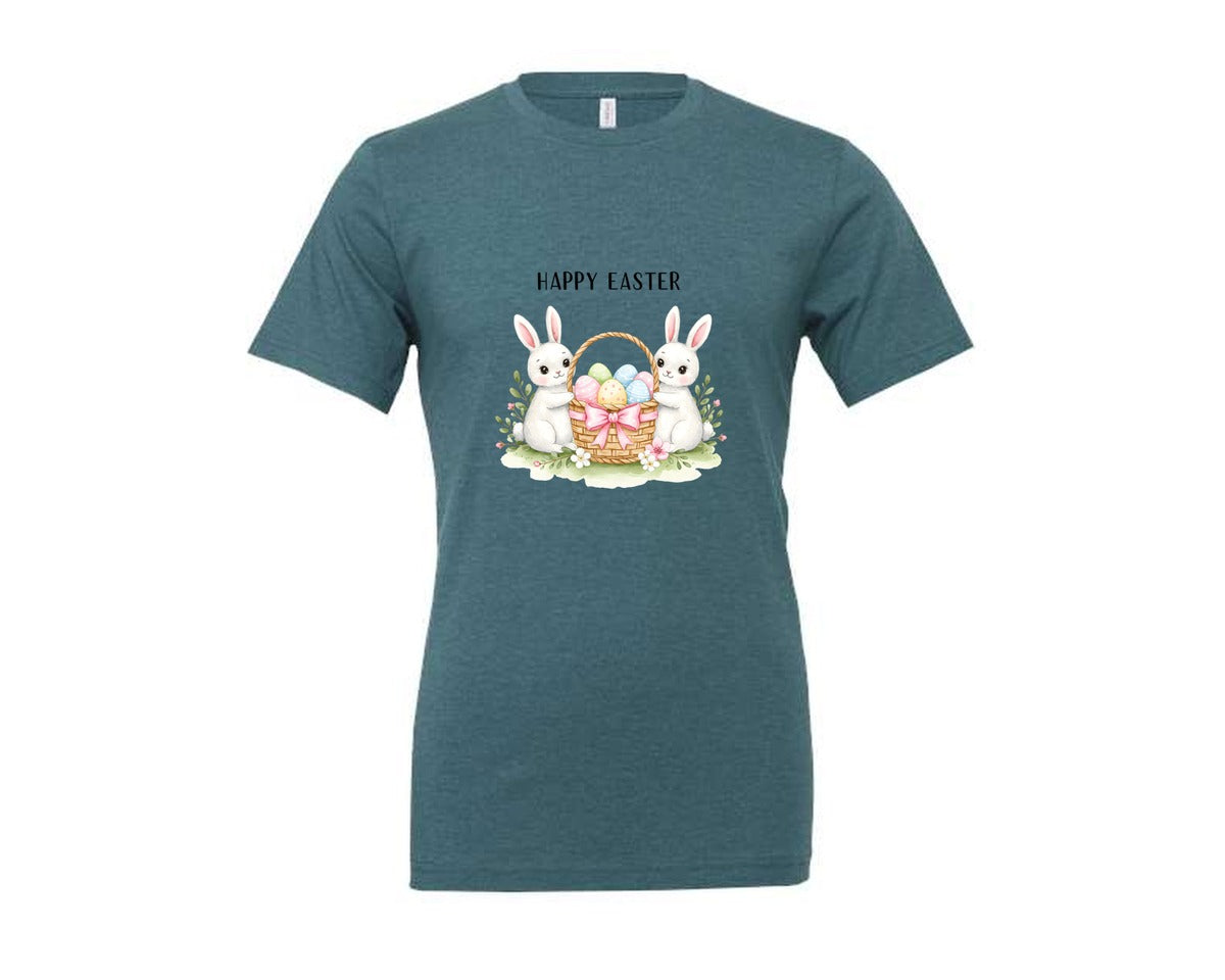 brand:Generic|color:Heather Deep Teal|Happy Easter Bunnies With Basket Cu Graphic T-Shirt