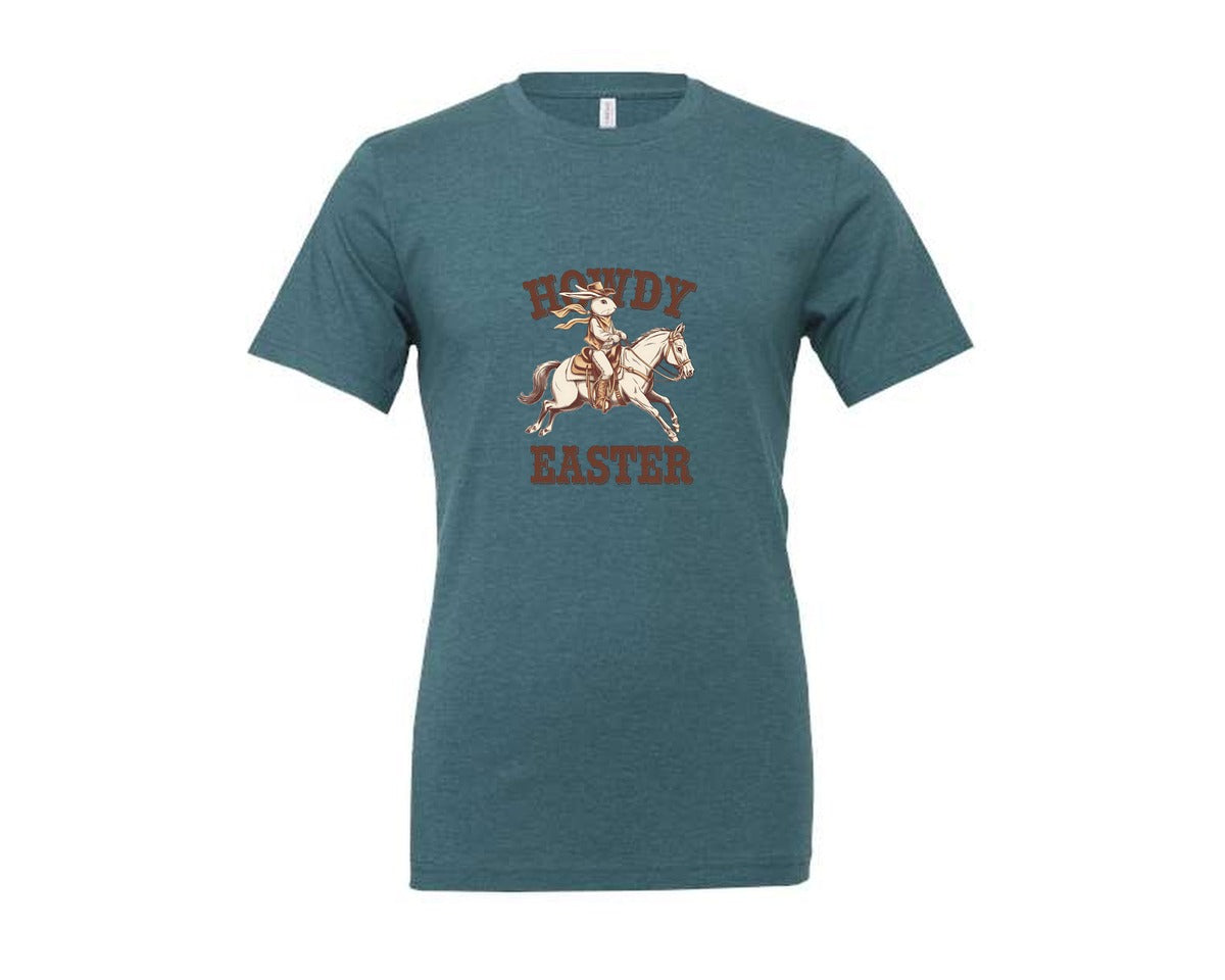 brand:Generic|color:Heather Deep Teal|Western Howdy Easter Cowboy Bunny Ostern 2 Graphic T-Shirt
