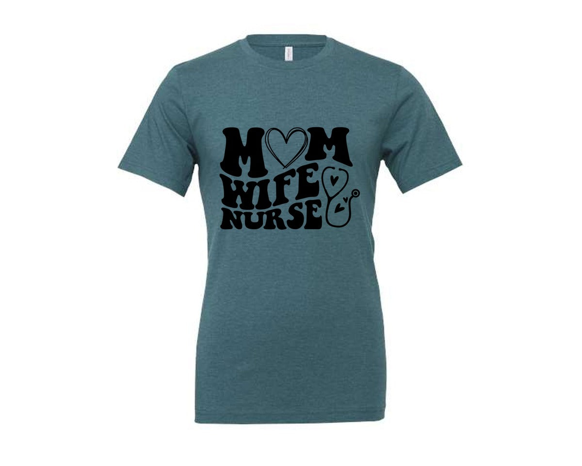brand:Generic|color:Heather Deep Teal|Mom Wife Nurse Wavy Graphic T-Shirt