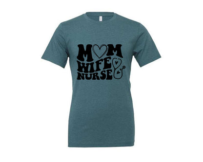 brand:Generic|color:Heather Deep Teal|Mom Wife Nurse Wavy Graphic T-Shirt
