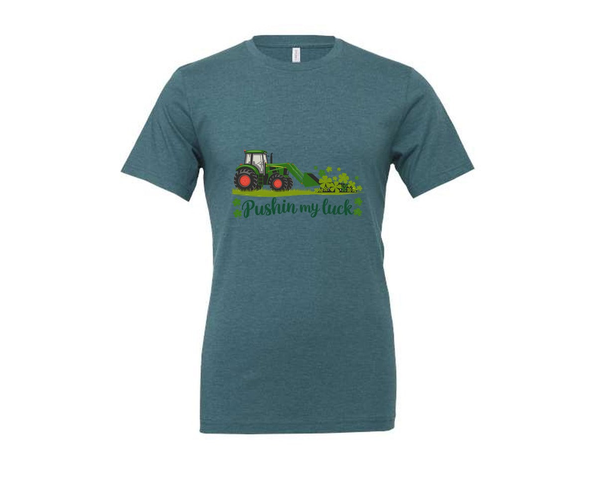 brand:Generic|color:Heather Deep Teal|Pushin My Luck St Patricks Day 3 Graphic T-Shirt