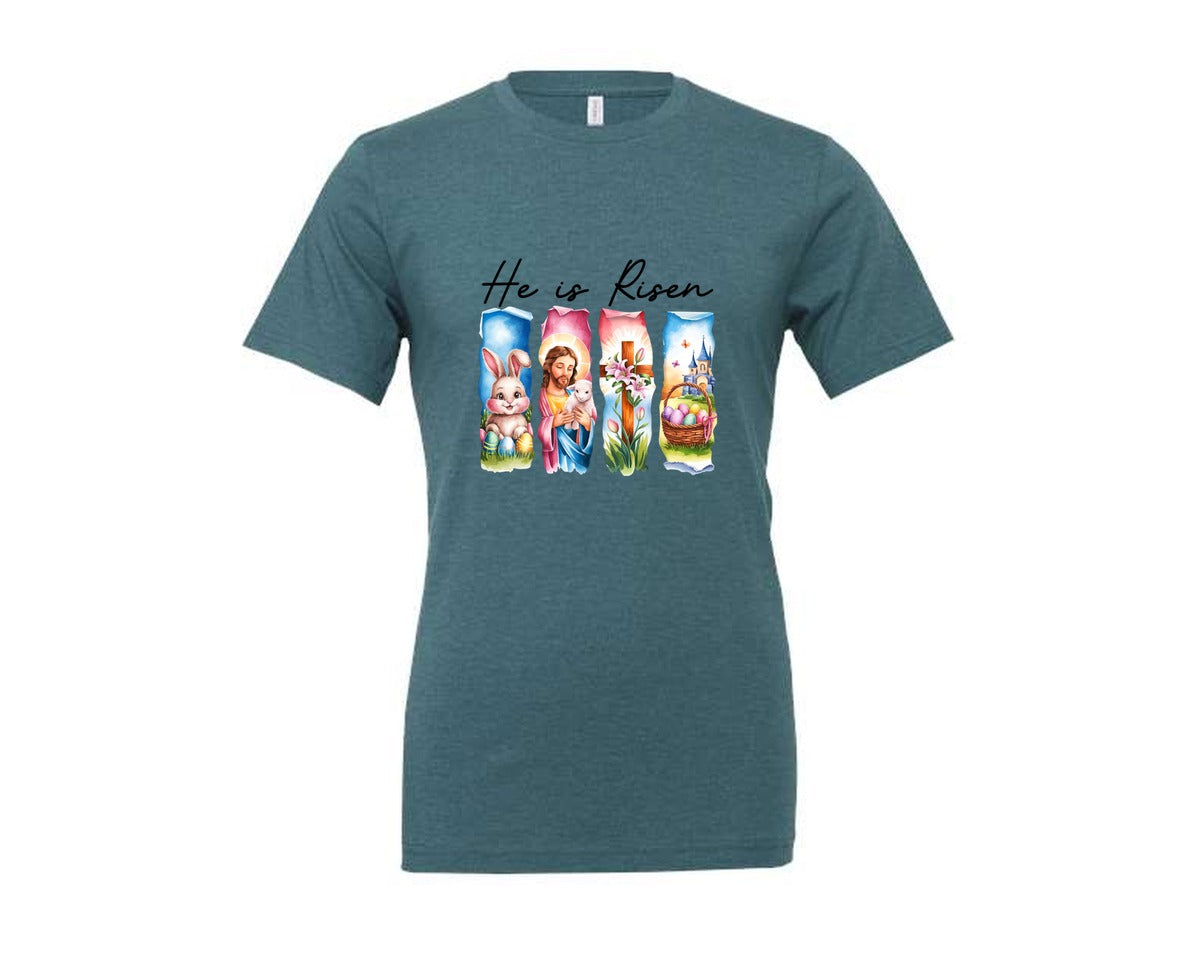 brand:Generic|color:Heather Deep Teal|He Is Risen Easter Jesus Christian Graphic T-Shirt