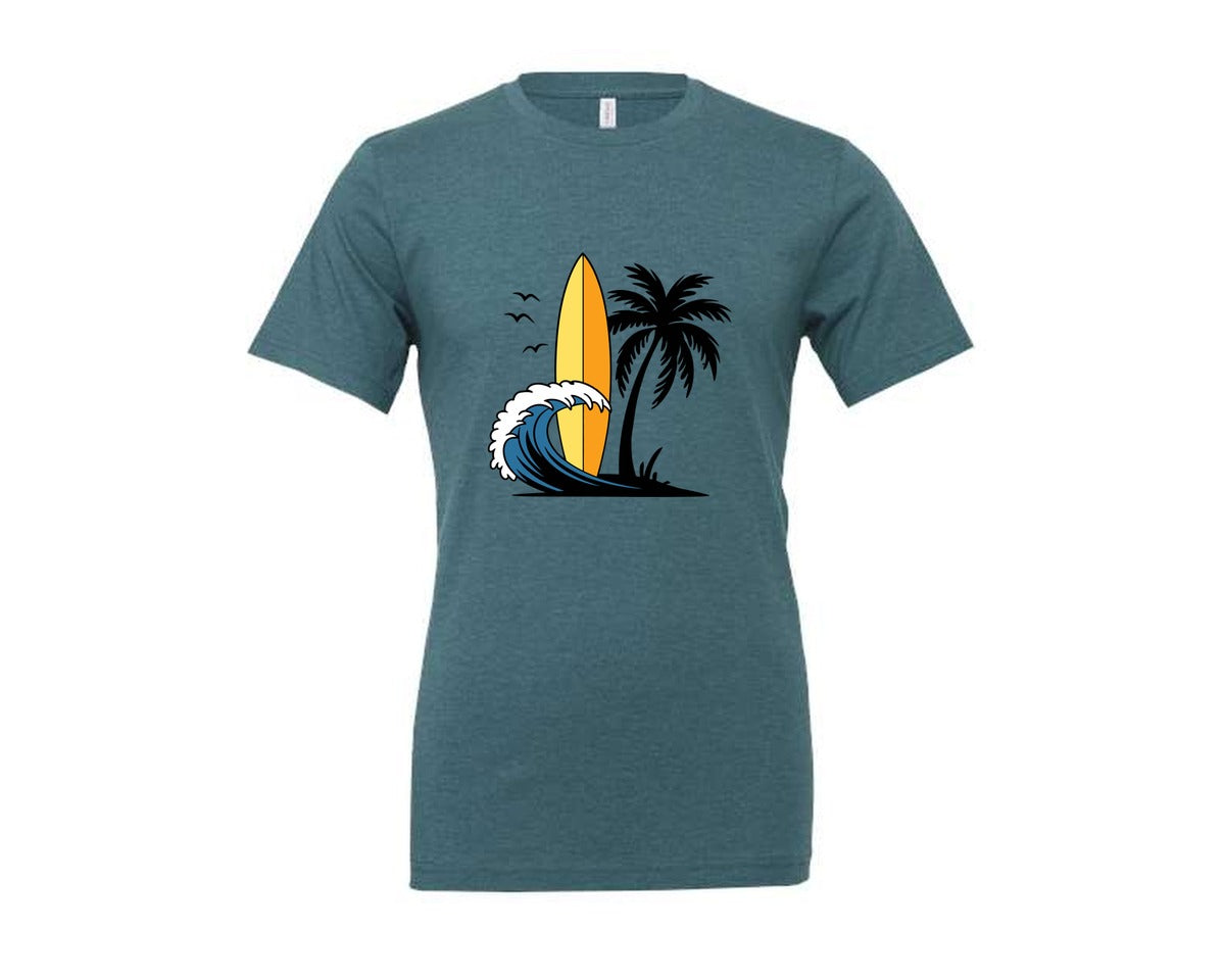 brand:Generic|color:Heather Deep Teal|Surfboard With Ocean Wave And Palm Tree Graphic T-Shirt