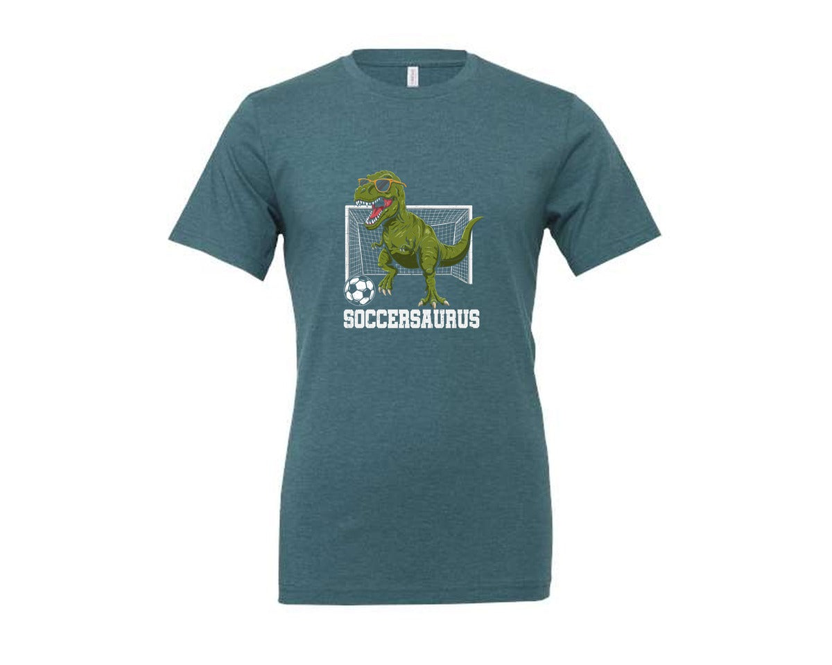 brand:Generic|color:Heather Deep Teal|T Rex Playing Soccer T Shirt Graphic T-Shirt