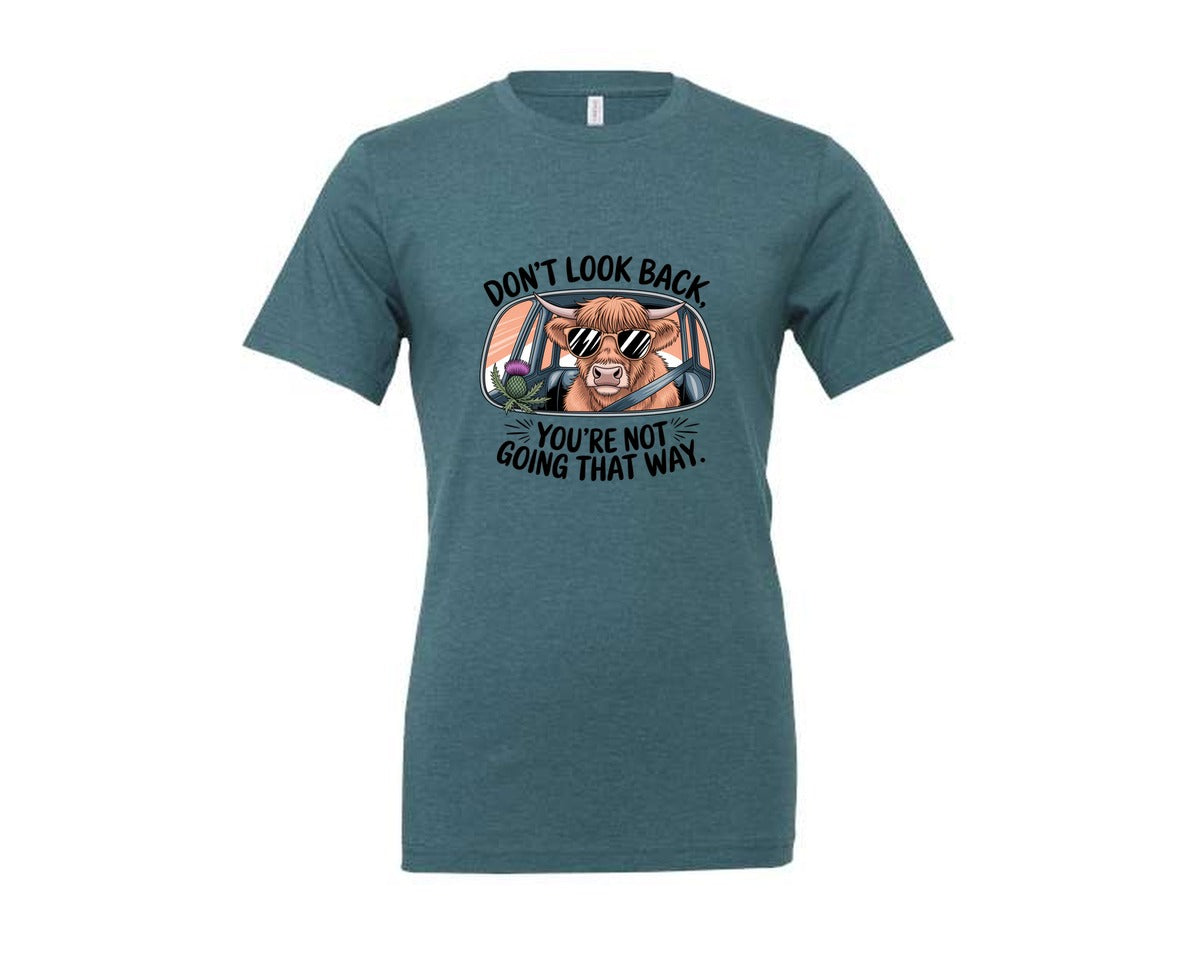 brand:Generic|color:Heather Deep Teal|Dont Look Back Highland Cow Graphic T-Shirt