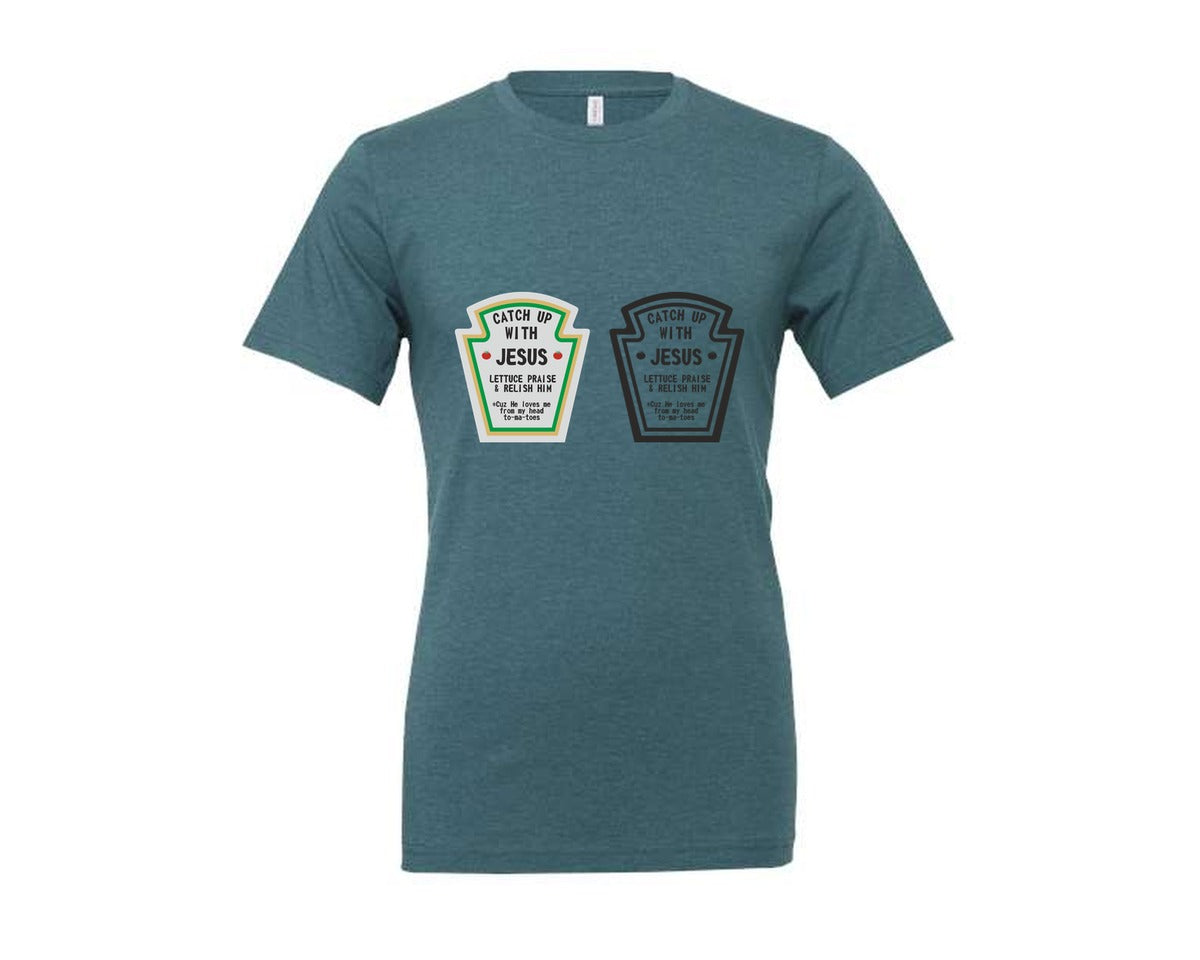 brand:Generic|color:Heather Deep Teal|Catch Up With Jesus Funny Christian Graphic T-Shirt
