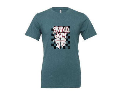 brand:Generic|color:Heather Deep Teal|Checkered Baseball Game Day Graphic T-Shirt