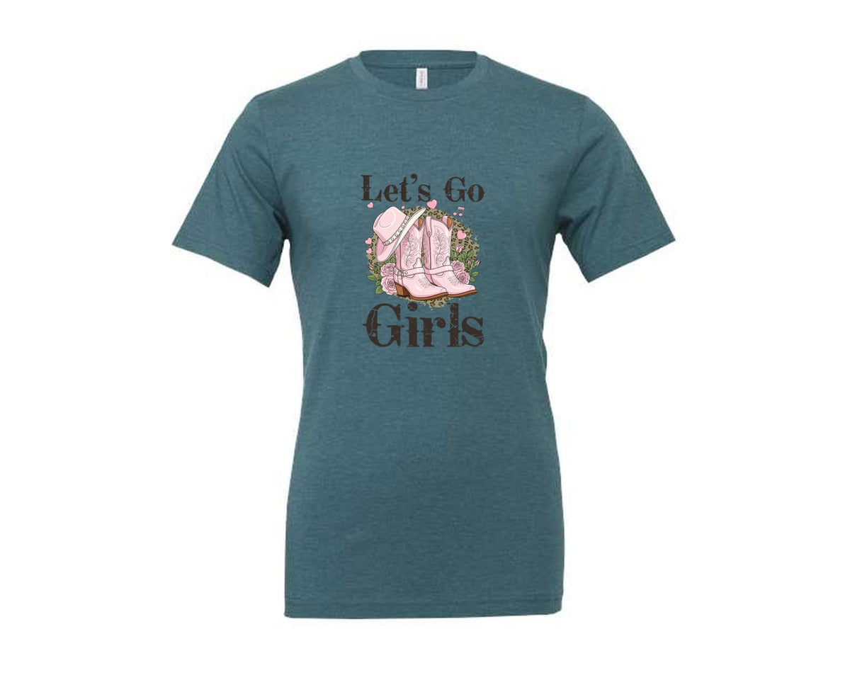brand:Generic|color:Heather Deep Teal|Pink Cowgirl Boots Western Graphic Tees Graphic T-Shirt