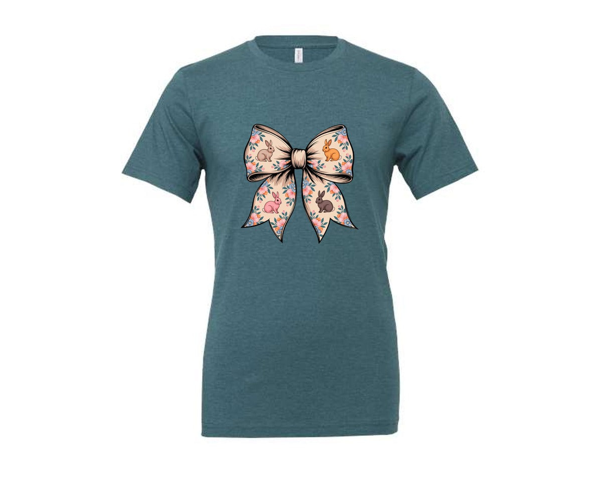 brand:Generic|color:Heather Deep Teal|Floral Bunny Bow Graphic T-Shirt