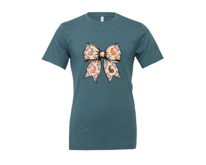 brand:Generic|color:Heather Deep Teal|Floral Bunny Bow Graphic T-Shirt