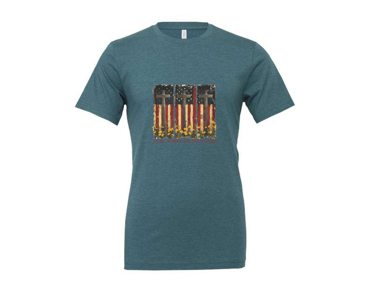 brand:Generic|color:Heather Deep Teal|Stars And Stripes And Jesus Christ Graphic T-Shirt