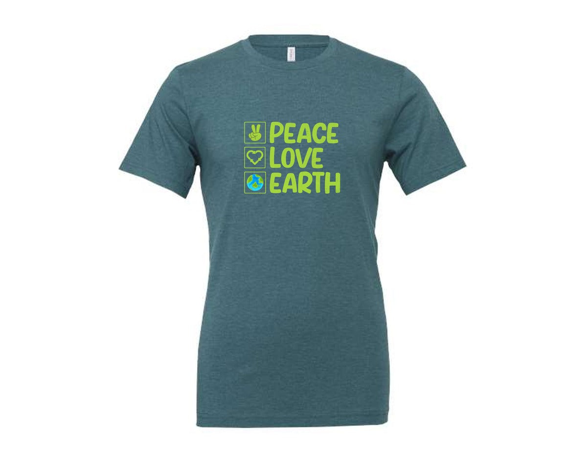brand:Generic|color:Heather Deep Teal|Peace Love Earth T Shirt Graphic T-Shirt