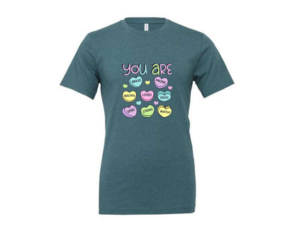 brand:Generic|color:Heather Deep Teal|Valentines Day Candy Design Graphic T-Shirt