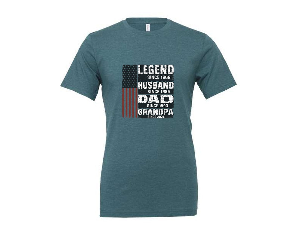 brand:Generic|color:Heather Deep Teal|Legend Husband Dad Grandpa Flag Graphic T-Shirt