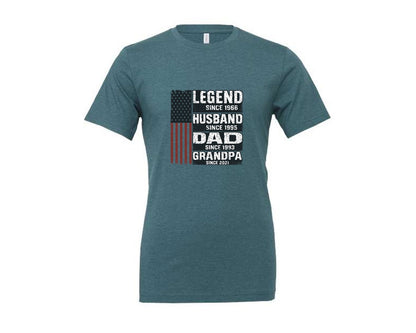 brand:Generic|color:Heather Deep Teal|Legend Husband Dad Grandpa Flag Graphic T-Shirt