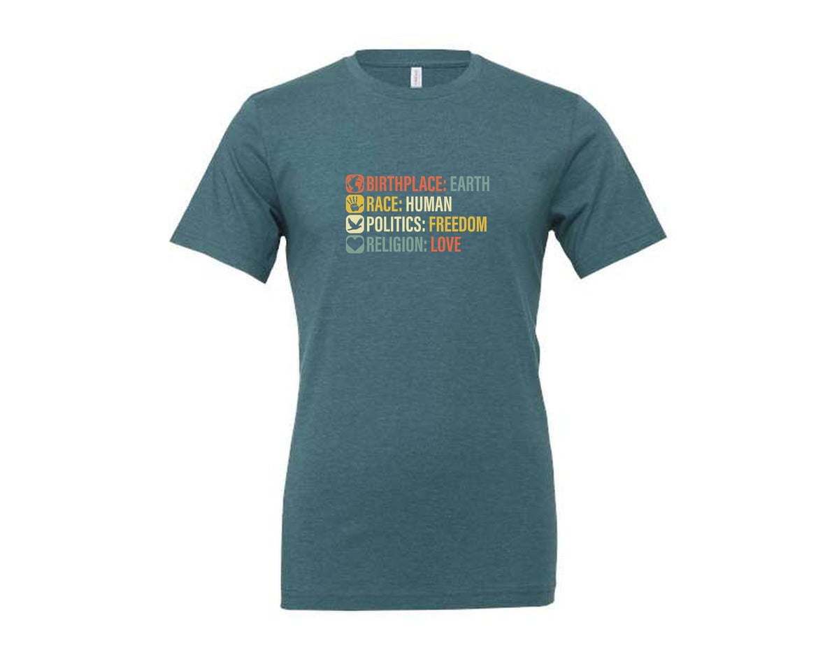 brand:Generic|color:Heather Deep Teal|Birthplace Earth Race Human Politics 4 Graphic T-Shirt