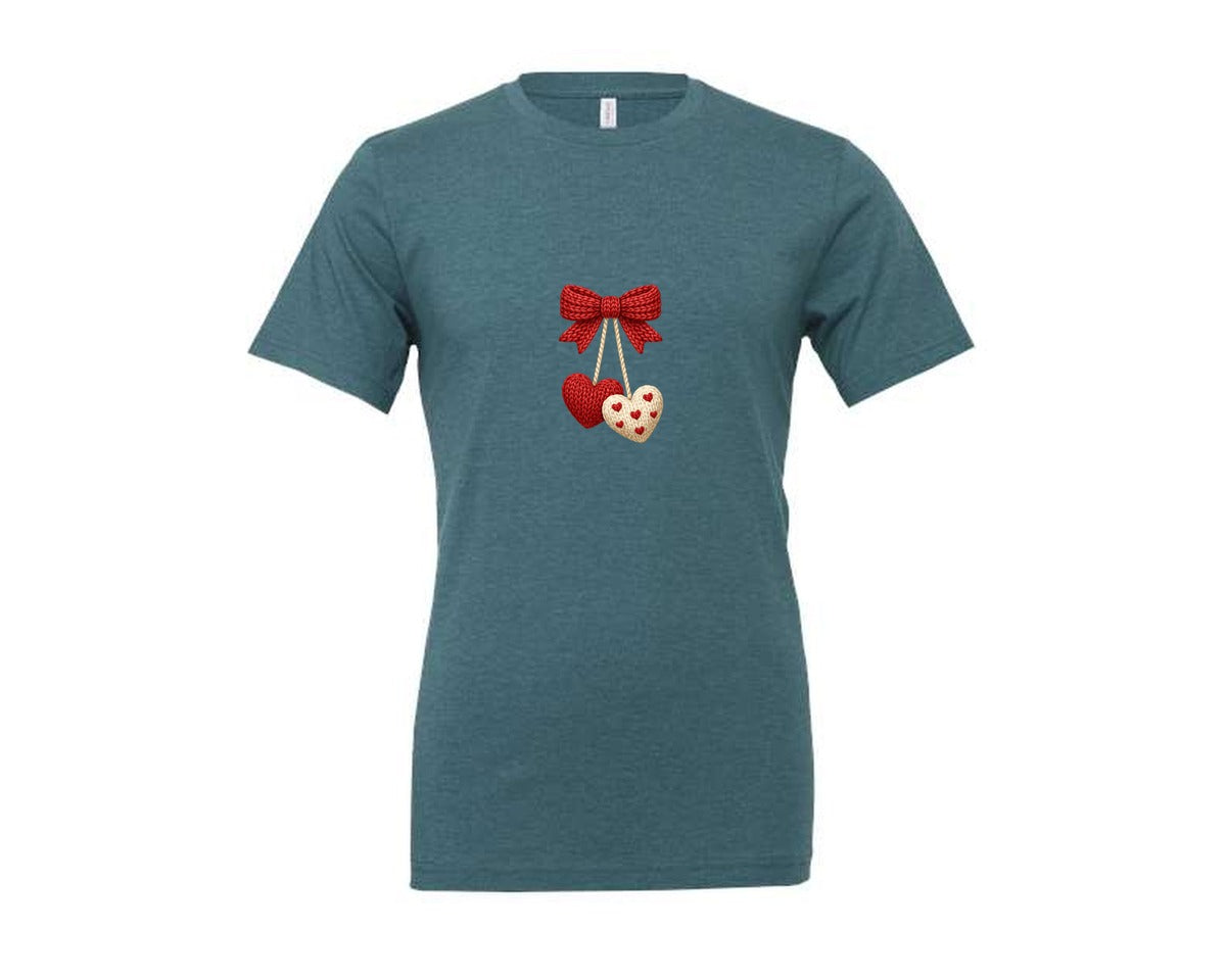 brand:Generic|color:Heather Deep Teal|Knitted Hearts Hanging Bow Graphic T-Shirt