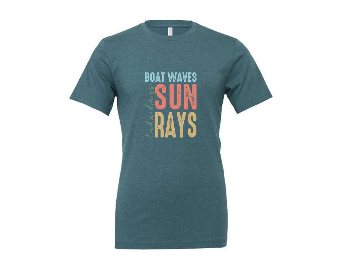 brand:Generic|color:Heather Deep Teal|Boat Waves Sun Ray Lake Days Summer Graphic T-Shirt
