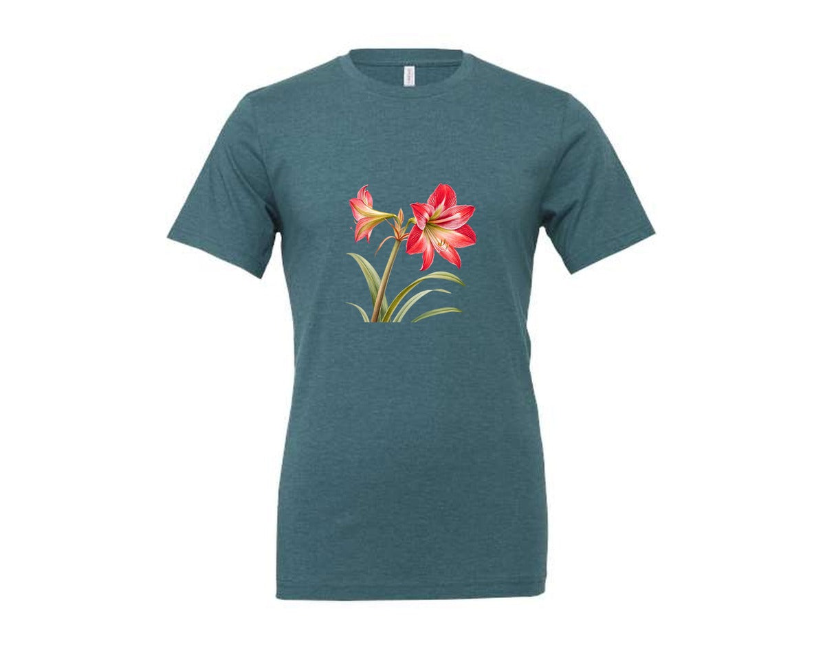 brand:Generic|color:Heather Deep Teal|Red Amaryllis Flower T Shirt Design Graphic T-Shirt