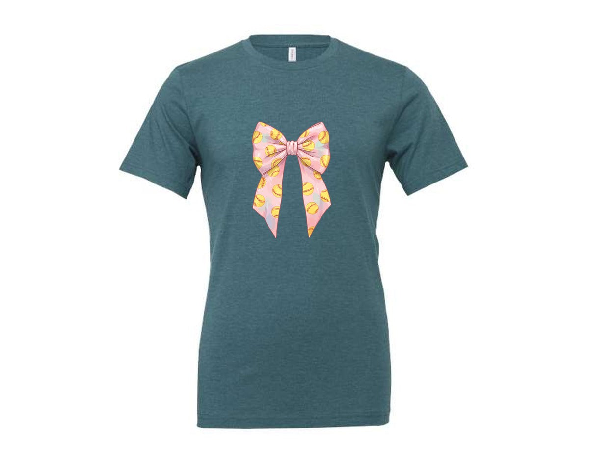brand:Generic|color:Heather Deep Teal|Softball Bow Graphic T-Shirt