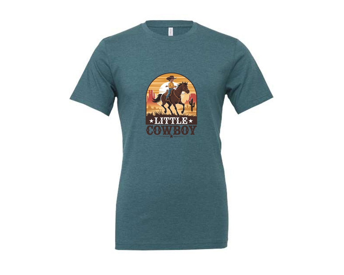 brand:Generic|color:Heather Deep Teal|Little Cowboy Western Horse Riding Graphic T-Shirt