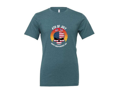 brand:Generic|color:Heather Deep Teal|4Th Of July American Skull Sunset Indepe Graphic T-Shirt