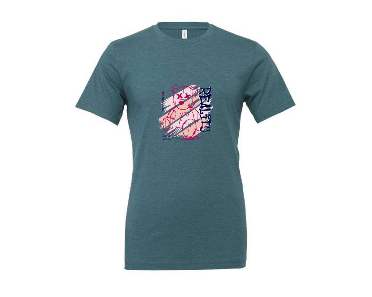 brand:Generic|color:Heather Deep Teal|Reality Graffiti Bear Doll Streetwear Graphic T-Shirt