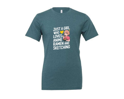 brand:Generic|color:Heather Deep Teal|Just A Girl Who Loves Anime Ramen And 2 Graphic T-Shirt