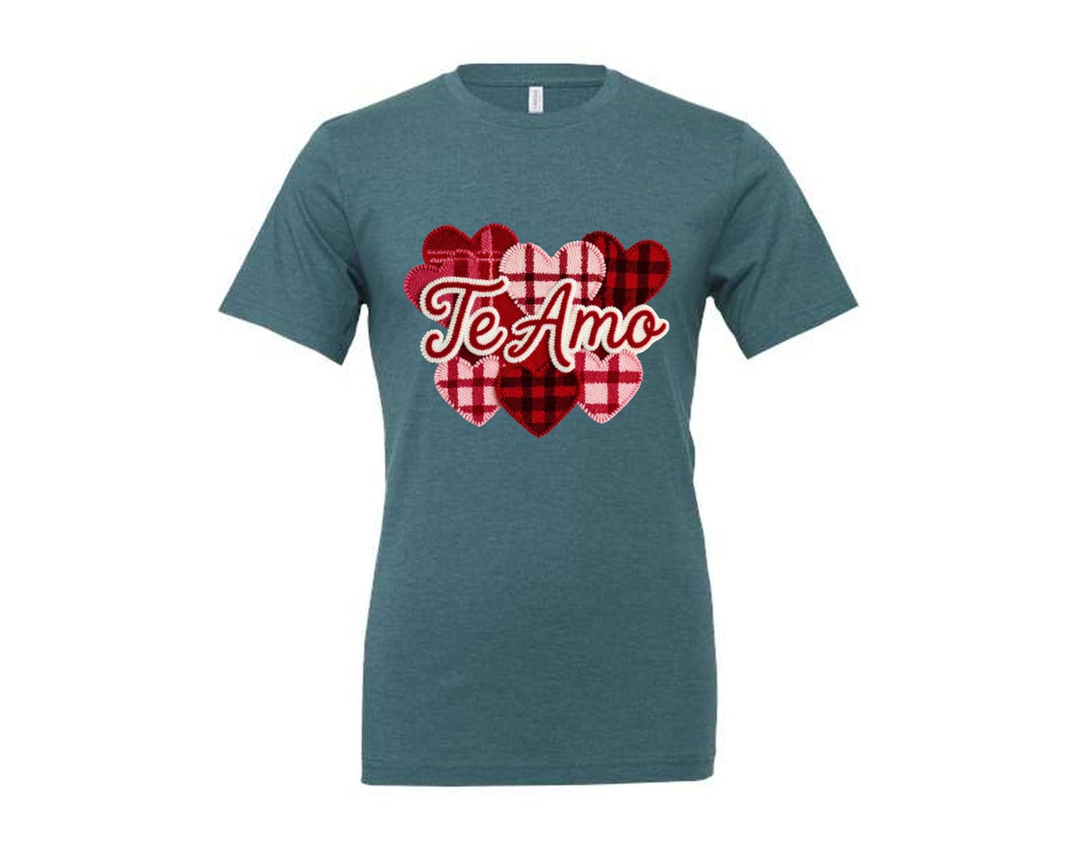 brand:Generic|color:Heather Deep Teal|Te Amo Valentine Latch Hook 4 Graphic T-Shirt