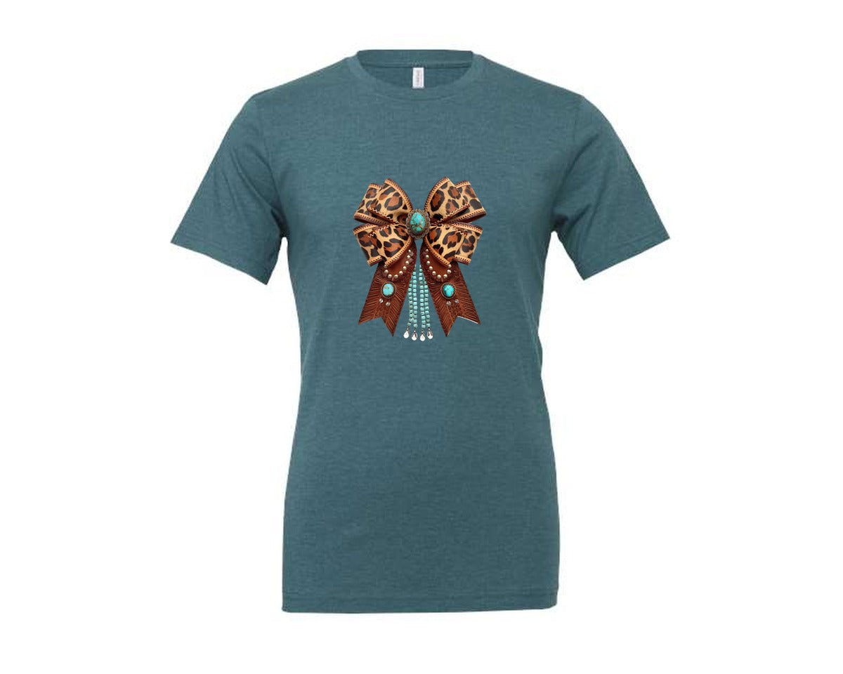 brand:Generic|color:Heather Deep Teal|Western Leopard Bow Bohemian Coquette Graphic T-Shirt