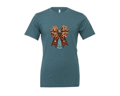 brand:Generic|color:Heather Deep Teal|Western Leopard Bow Bohemian Coquette Graphic T-Shirt