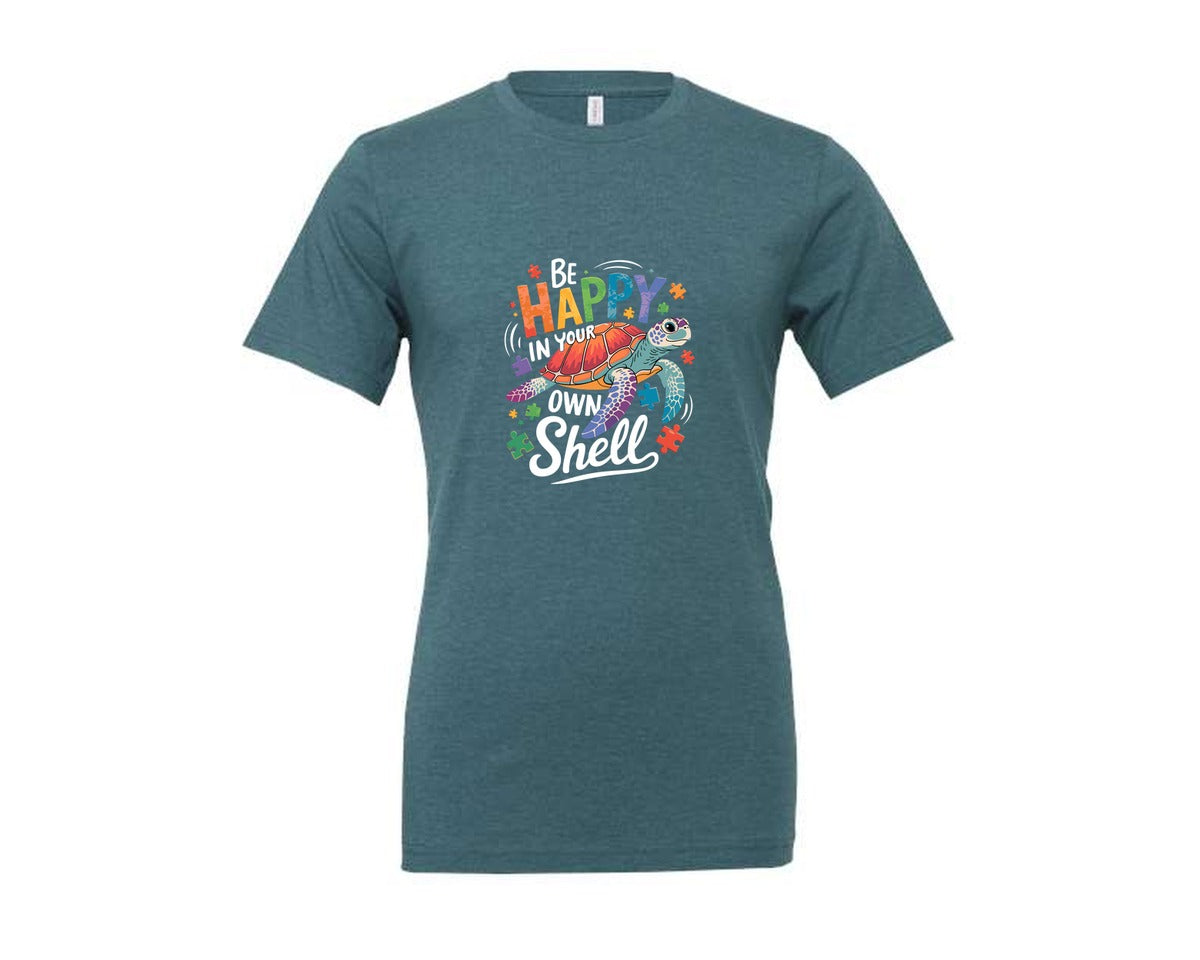 brand:Generic|color:Heather Deep Teal|Be Happy In Your Own Shell Autism Avg Graphic T-Shirt