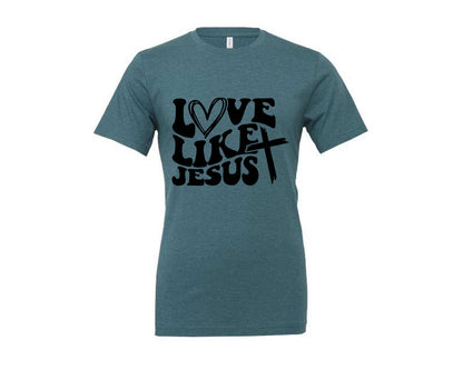 brand:Generic|color:Heather Deep Teal|Love Like Jesus Wavy 2 Graphic T-Shirt