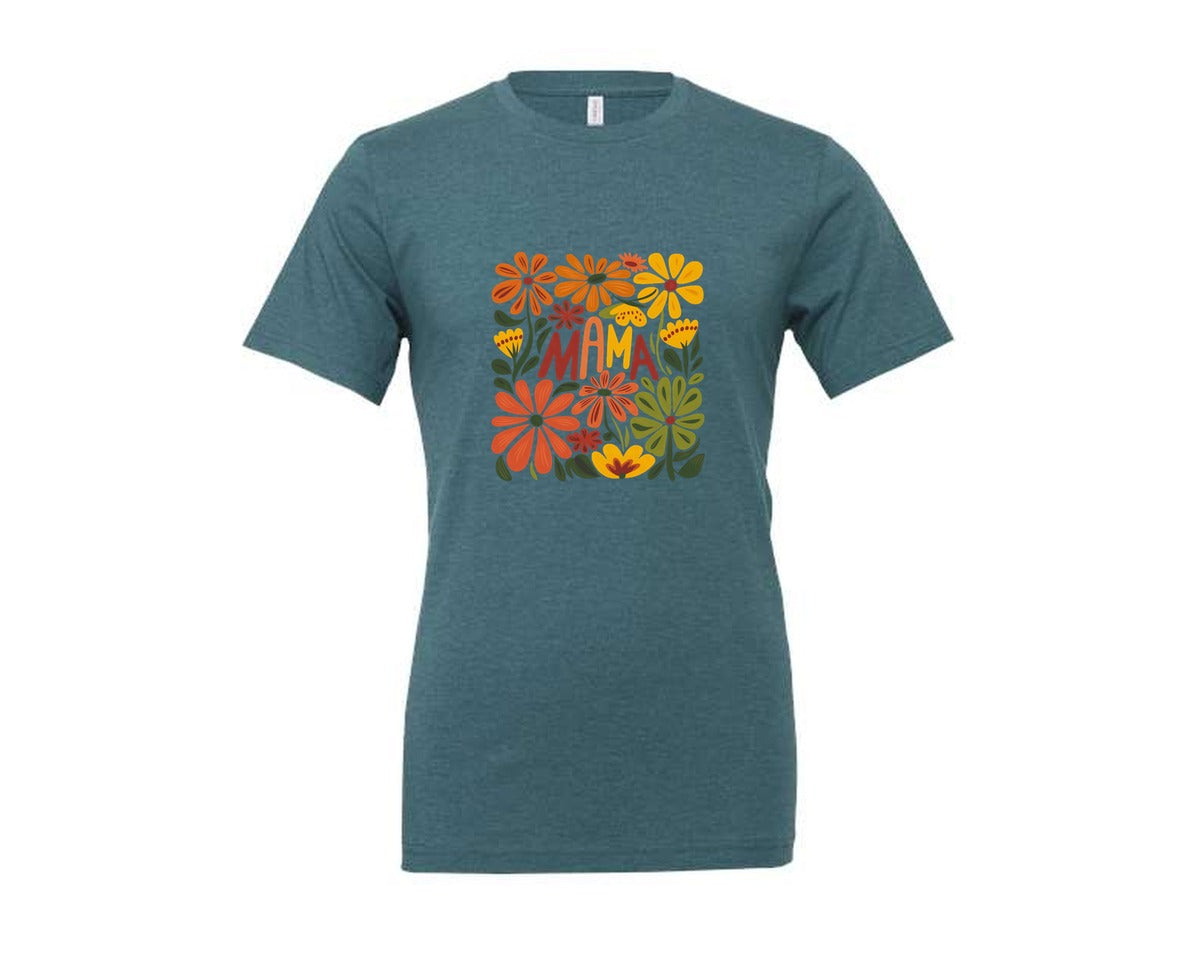 brand:Generic|color:Heather Deep Teal|Retro Floral Mama Boho Mothers Day 3 Graphic T-Shirt